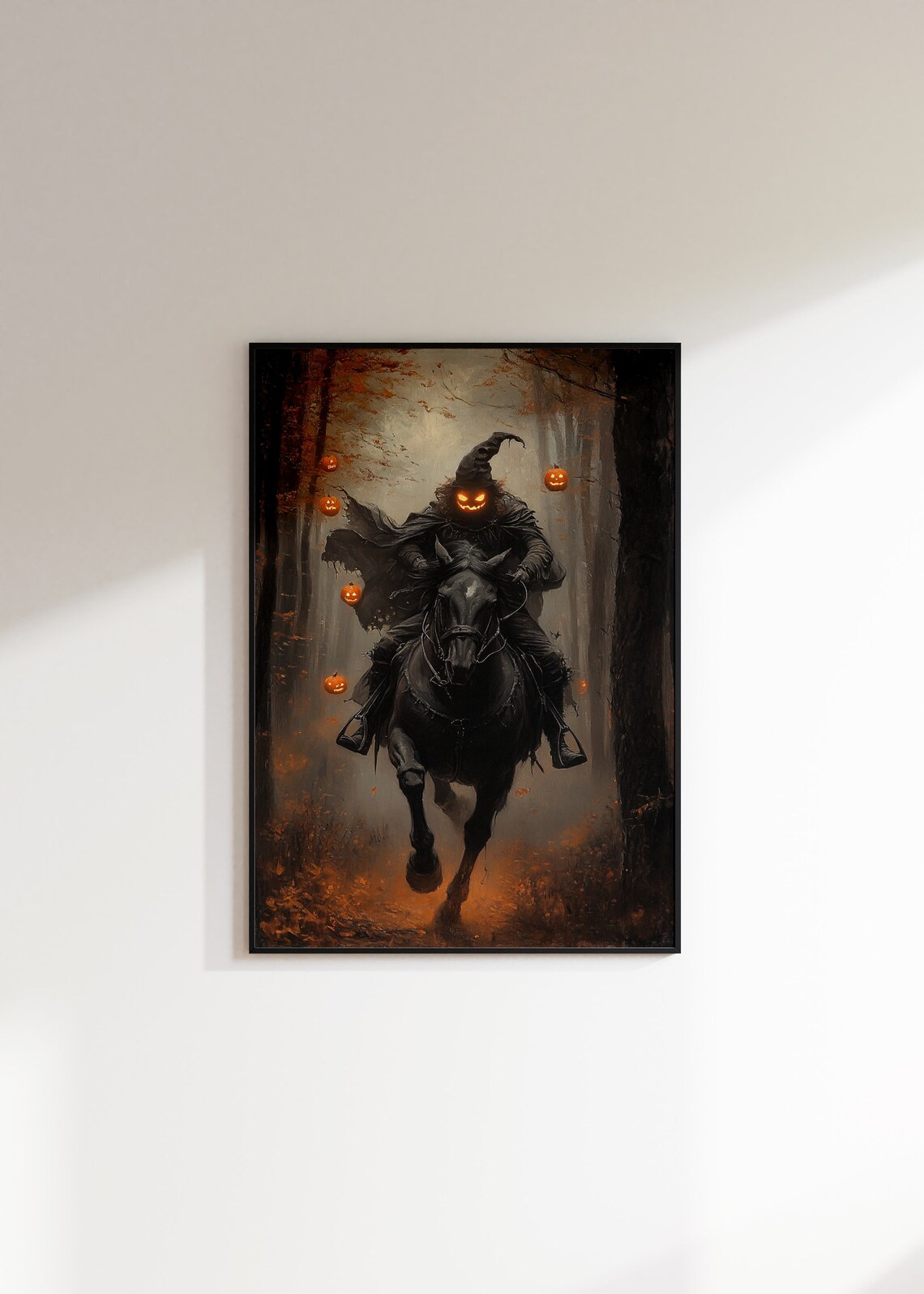 Pumpkin-Headed Rider Galloping Through a Misty Forest Poster - Image 4
