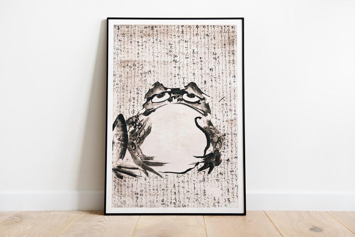 Japanese Ink Wash Frog With Calligraphy Vintage Style Art Poster