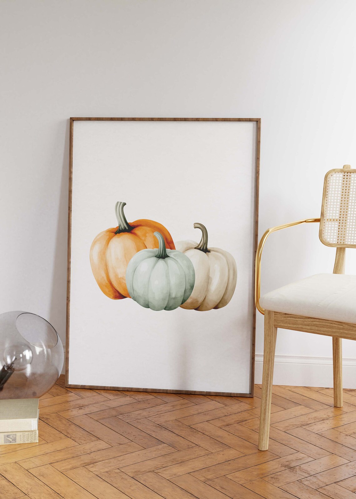 Three Watercolor Pumpkins In Orange Sage And Cream Fall Wall Art - Image 2