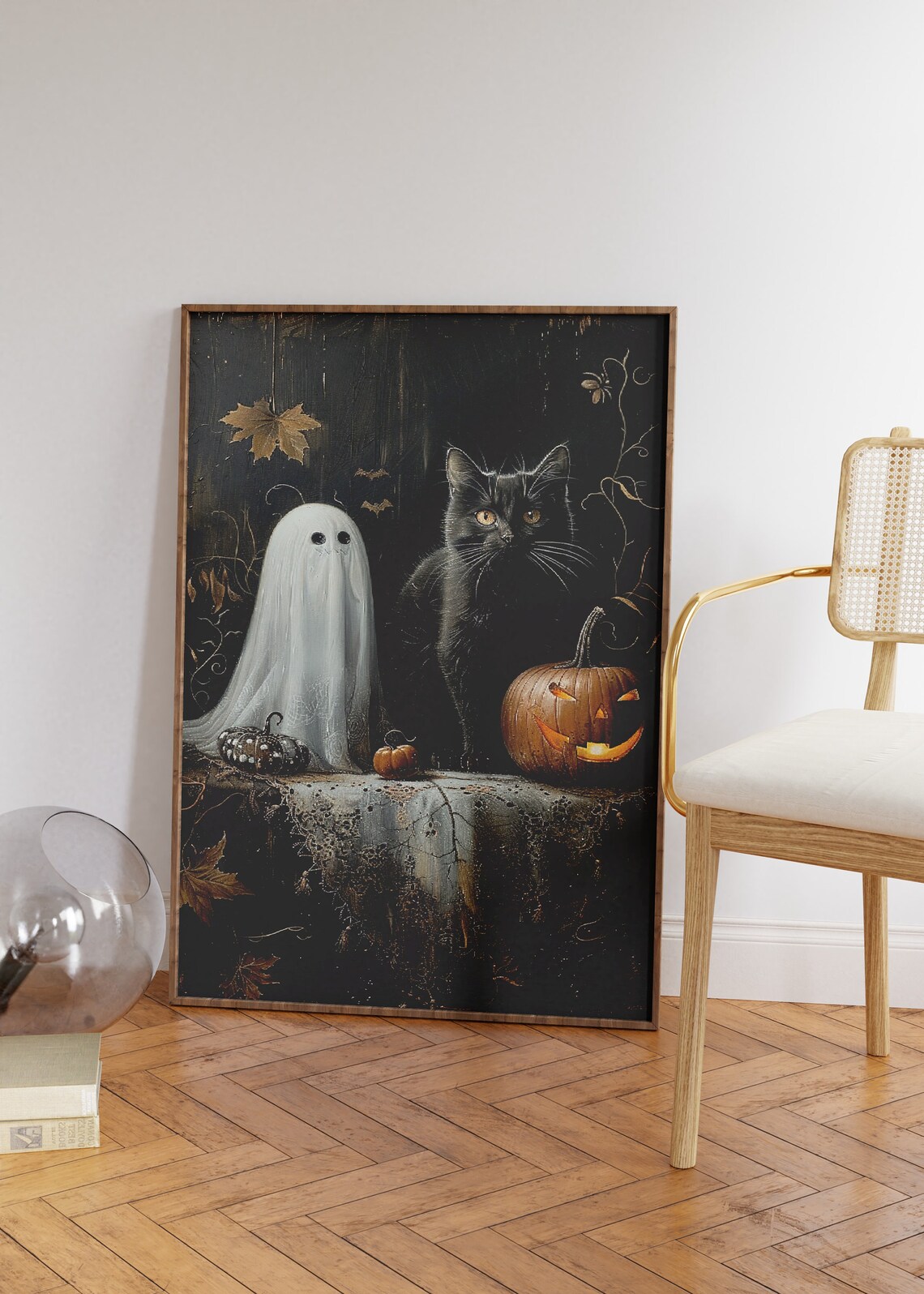 Black Cat Ghost And Pumpkin, Halloween Poster Print - Image 2