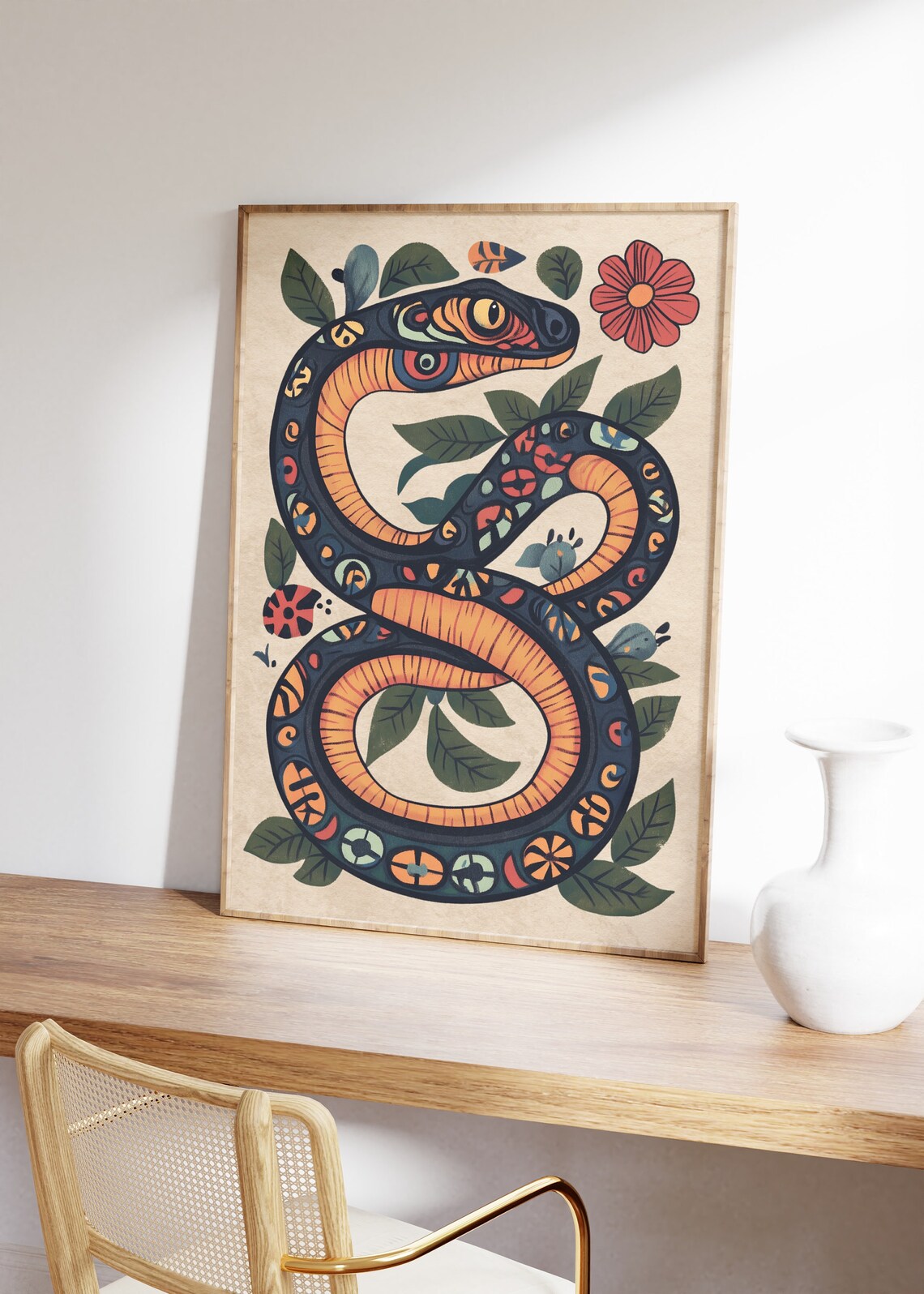 Folk Art Snake Coiled Among Colorful Flowers and Leaves Poster - Image 3