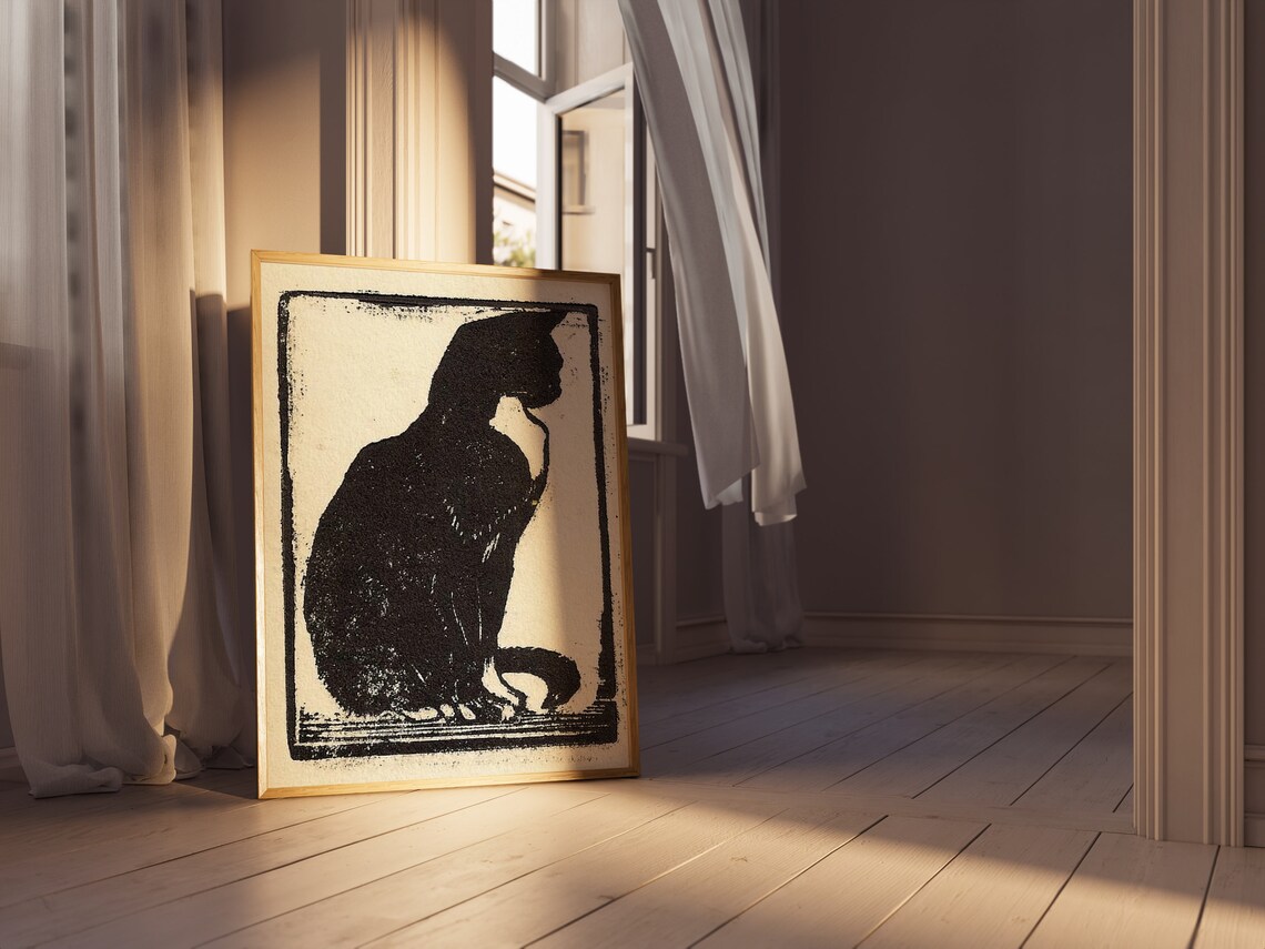 Black Cat Silhouette Linocut Style Minimalist Vintage Poster - Image 2