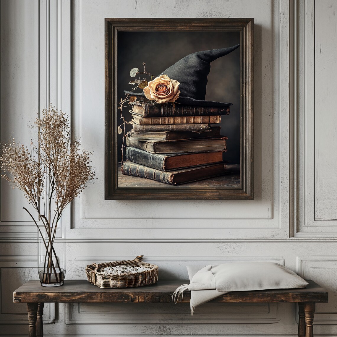 Black Witch Hat and Dried Rose Resting on a Stack of Old Books Poster - Image 3