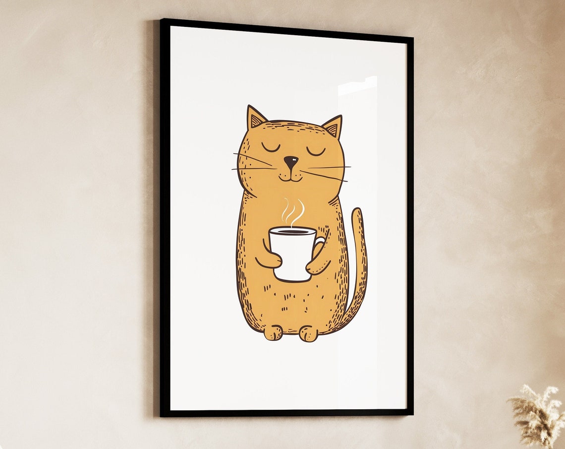 Sleepy Orange Cat Holding Steaming Coffee Cute Doodle Poster