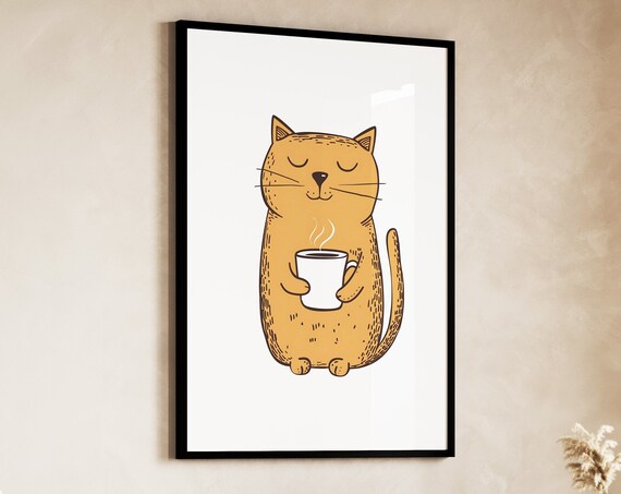 Sleepy Orange Cat Holding Steaming Coffee Cute Doodle Poster
