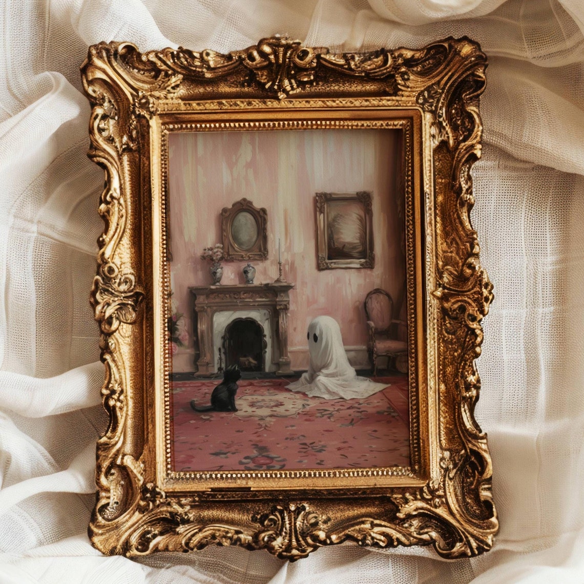 Ghost and Black Cat Sitting in a Pink Victorian Parlor Poster