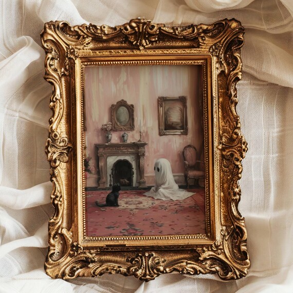 Ghost and Black Cat Sitting in a Pink Victorian Parlor Poster