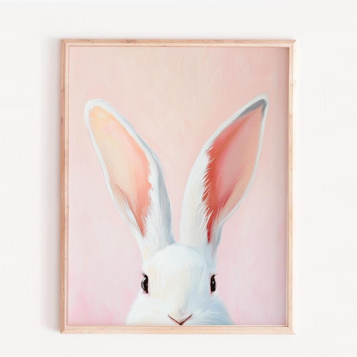 Cute Bunny Rabbit Ears Painting Soft Pink Nursery Animal Wall Art