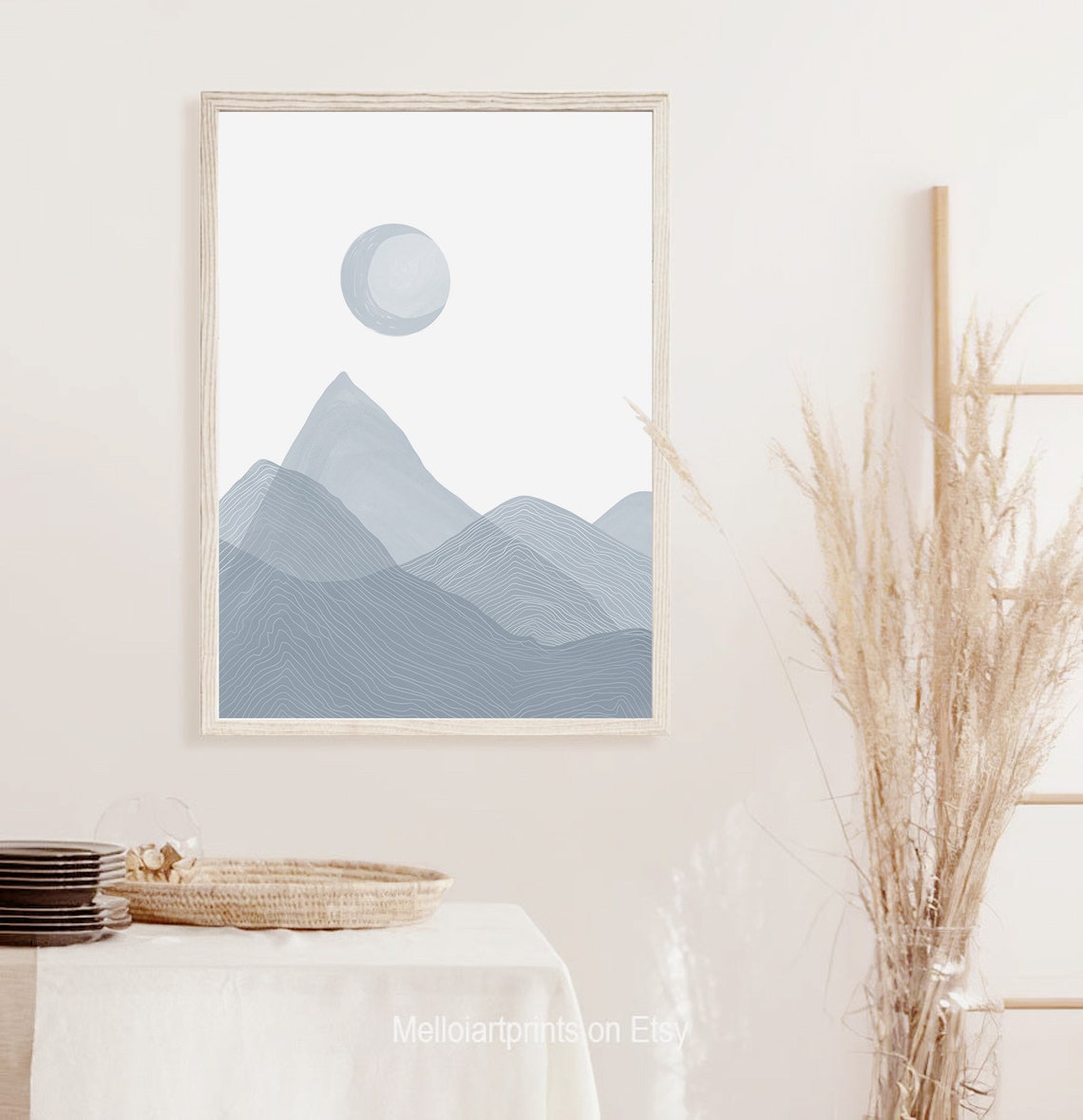 Blue Gray Mountain Moon Line Art Scandinavian Minimalist Print - Image 2
