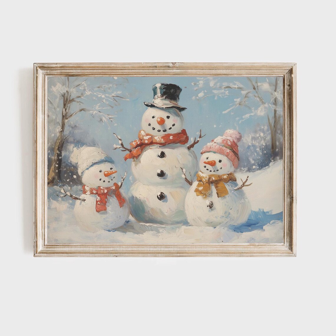 Snowman Family Winter Wonderland Cheerful Holiday Painting Poster
