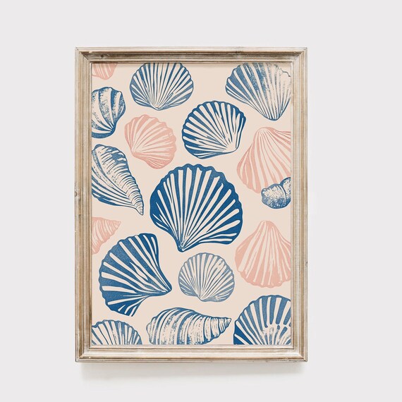 Seashell Pattern Art Print Coastal Beach Decor Blue And Coral Nautical Wall Art Ocean Shell Illustration Beach House Summer Print