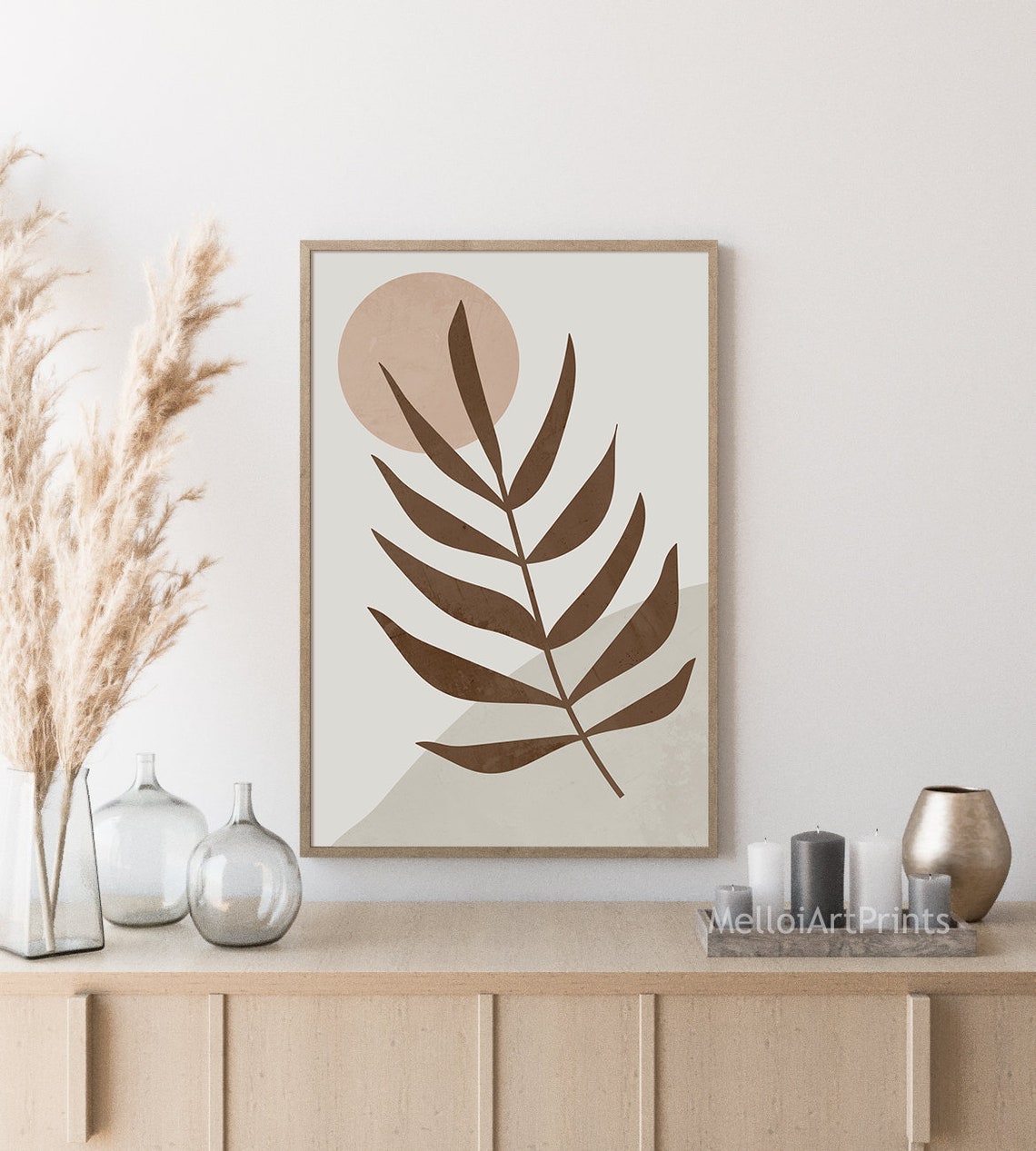 Brown Palm Leaf Beige Sun Circle Minimalist Tropical Art Poster - Image 2