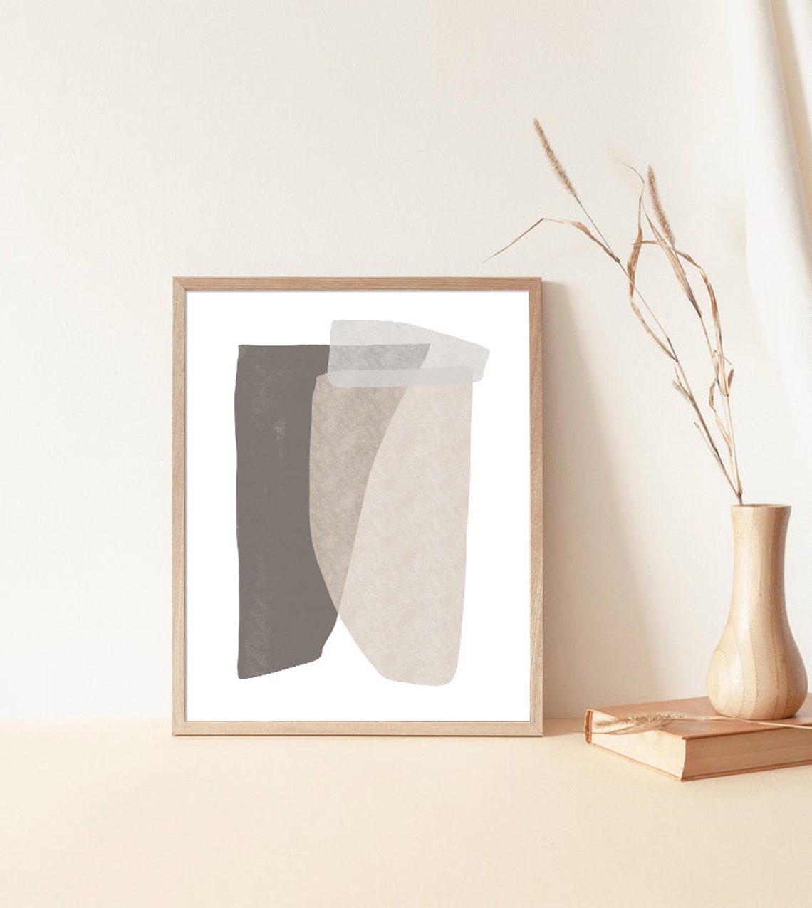 Neutral Gray Beige Overlapping Abstract Shapes Modern Wall Art - Image 3