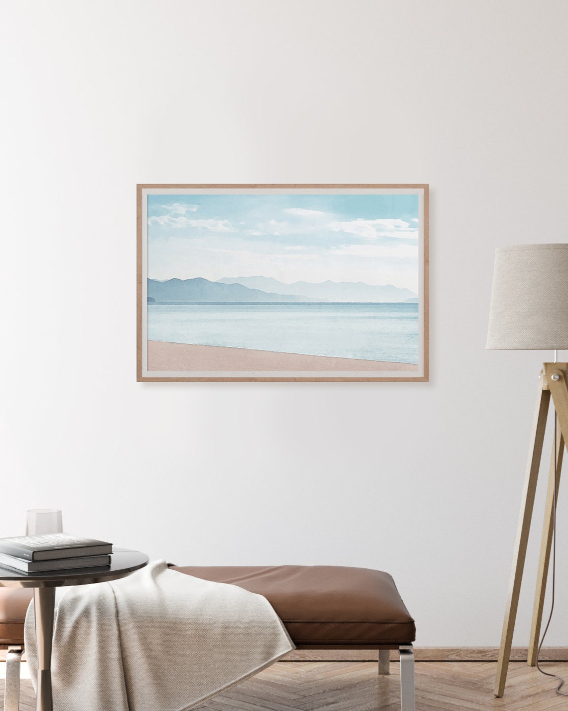 Soft Blue Watercolor Beach Waves Distant Mountains Coastal Wall Art - Image 3