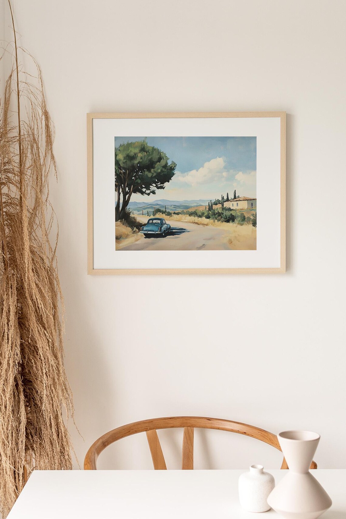Vintage Blue Car Country Road Golden Hills Oil Painting Poster - Image 3