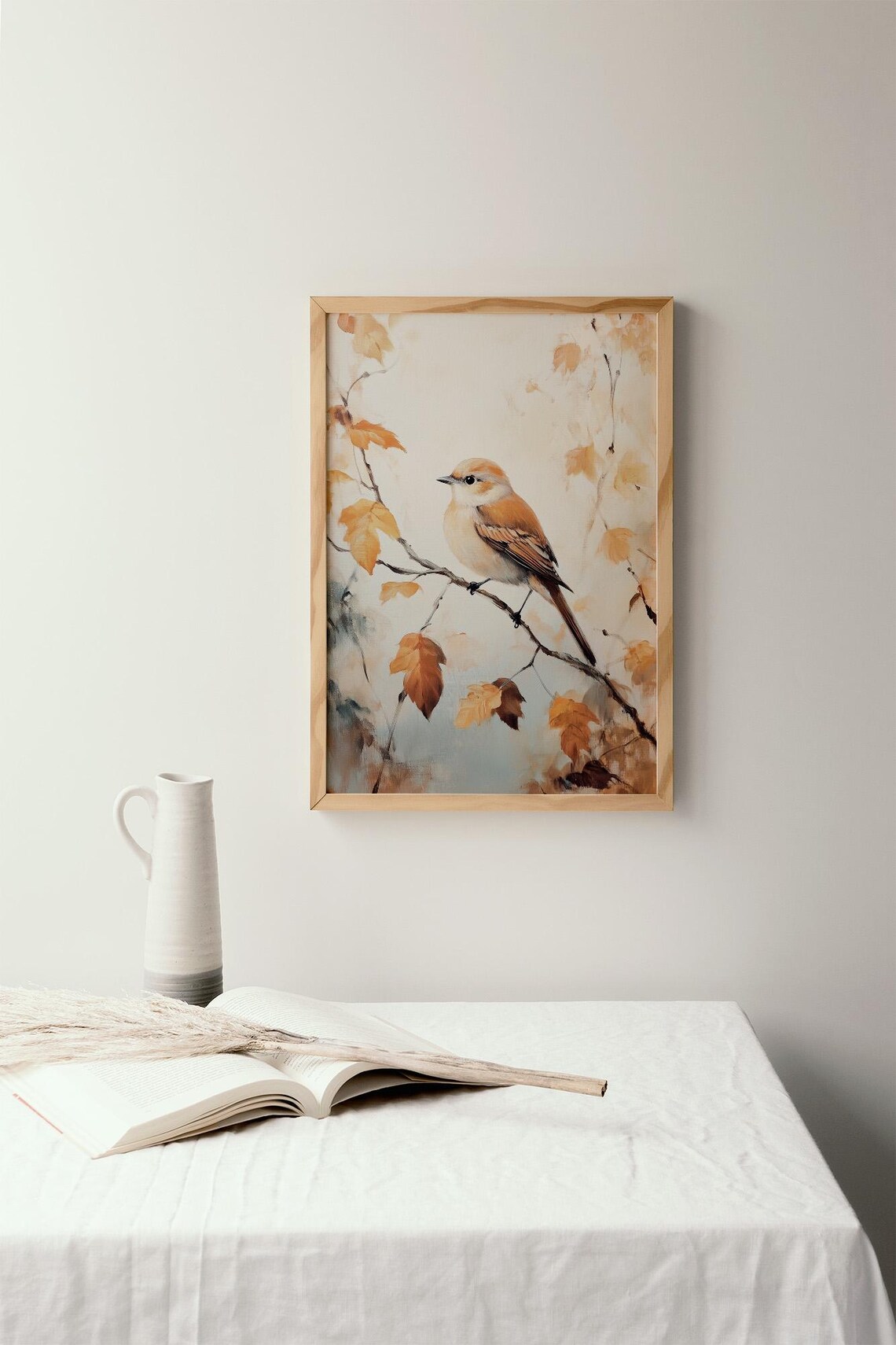 Songbird on an Autumn Branch With Falling Leaves Nature Painting Poster - Image 3