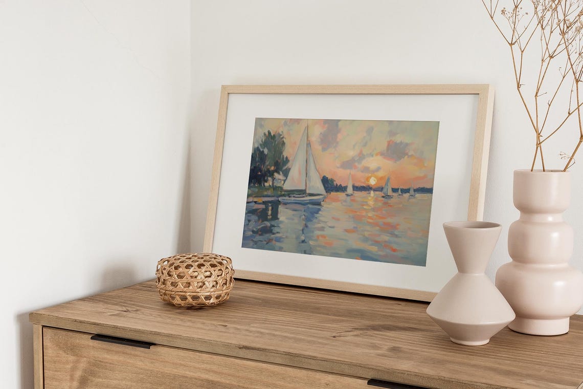 Calm Sailboats At Sunset Impressionist Seascape Nautical Poster - Image 3