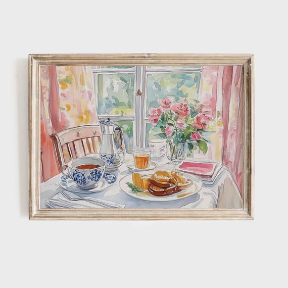 Breakfast Table Art Print French Country Style Kitchen Decor Floral Tea Scene Vintage Pastel Art For Dining Room Cottagecore Wall Art