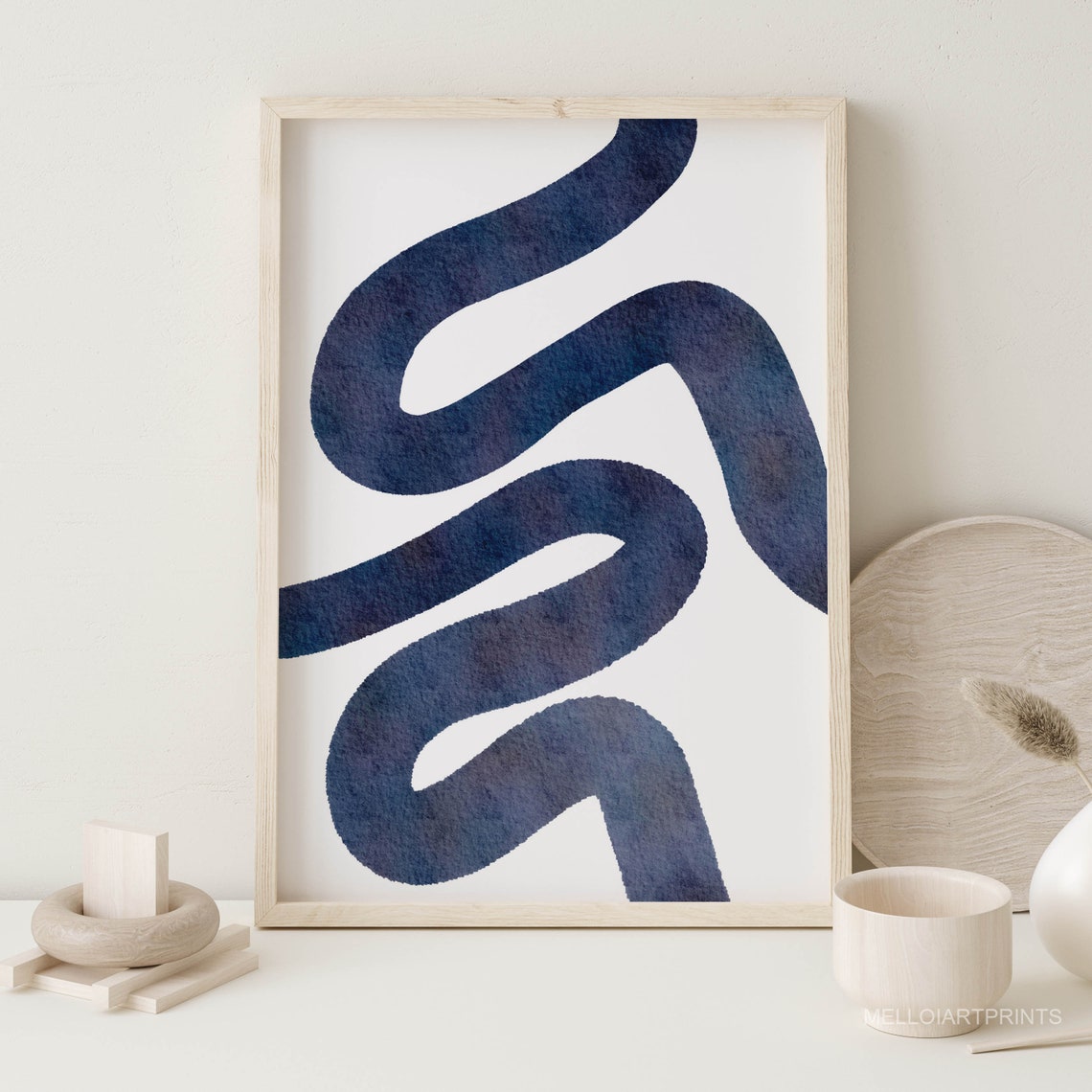 Navy Blue Wavy Brush Stroke Abstract Watercolor Minimalist Poster