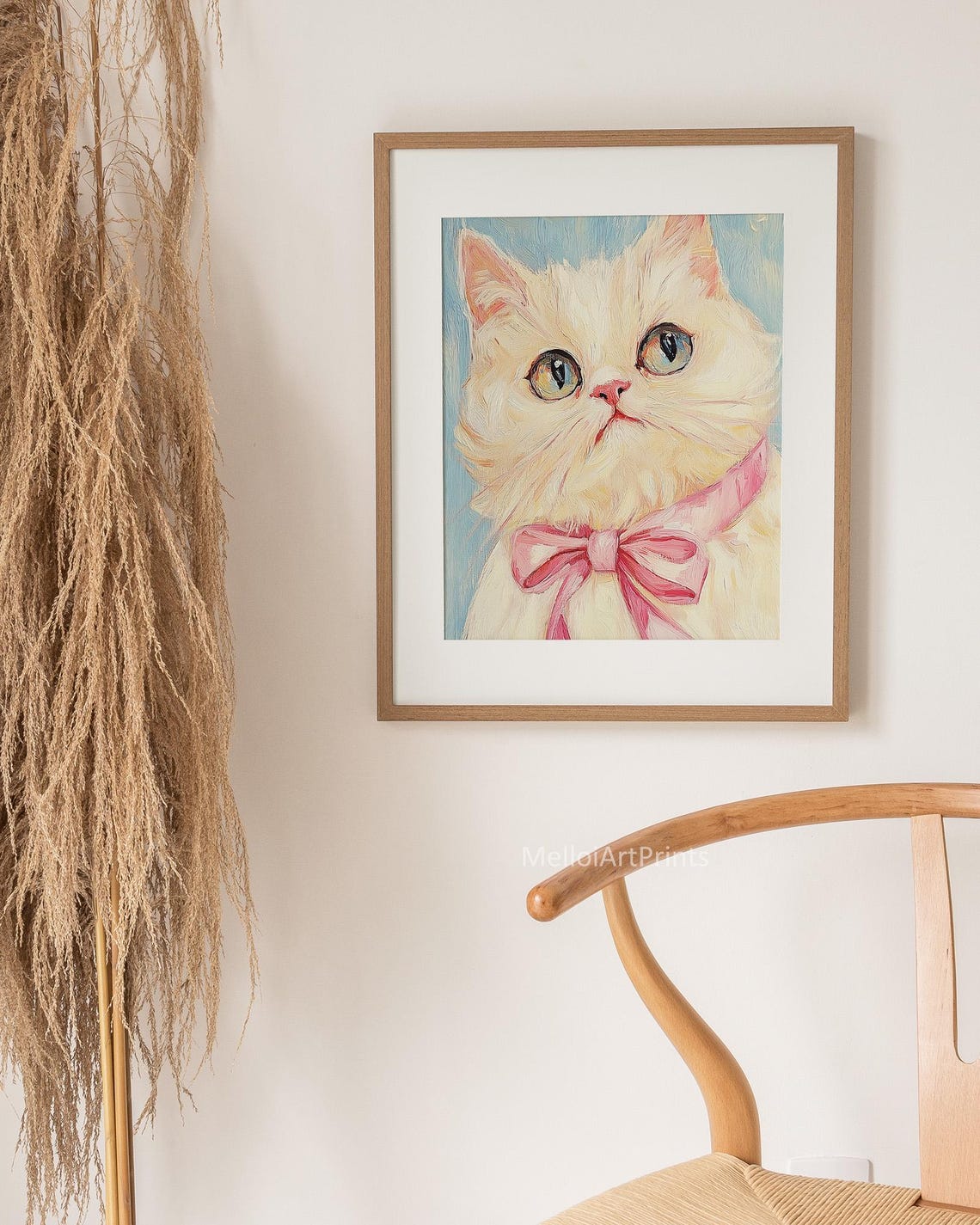 White Cat With Pink Bow Playful Feline Nursery Painting Poster - Image 3