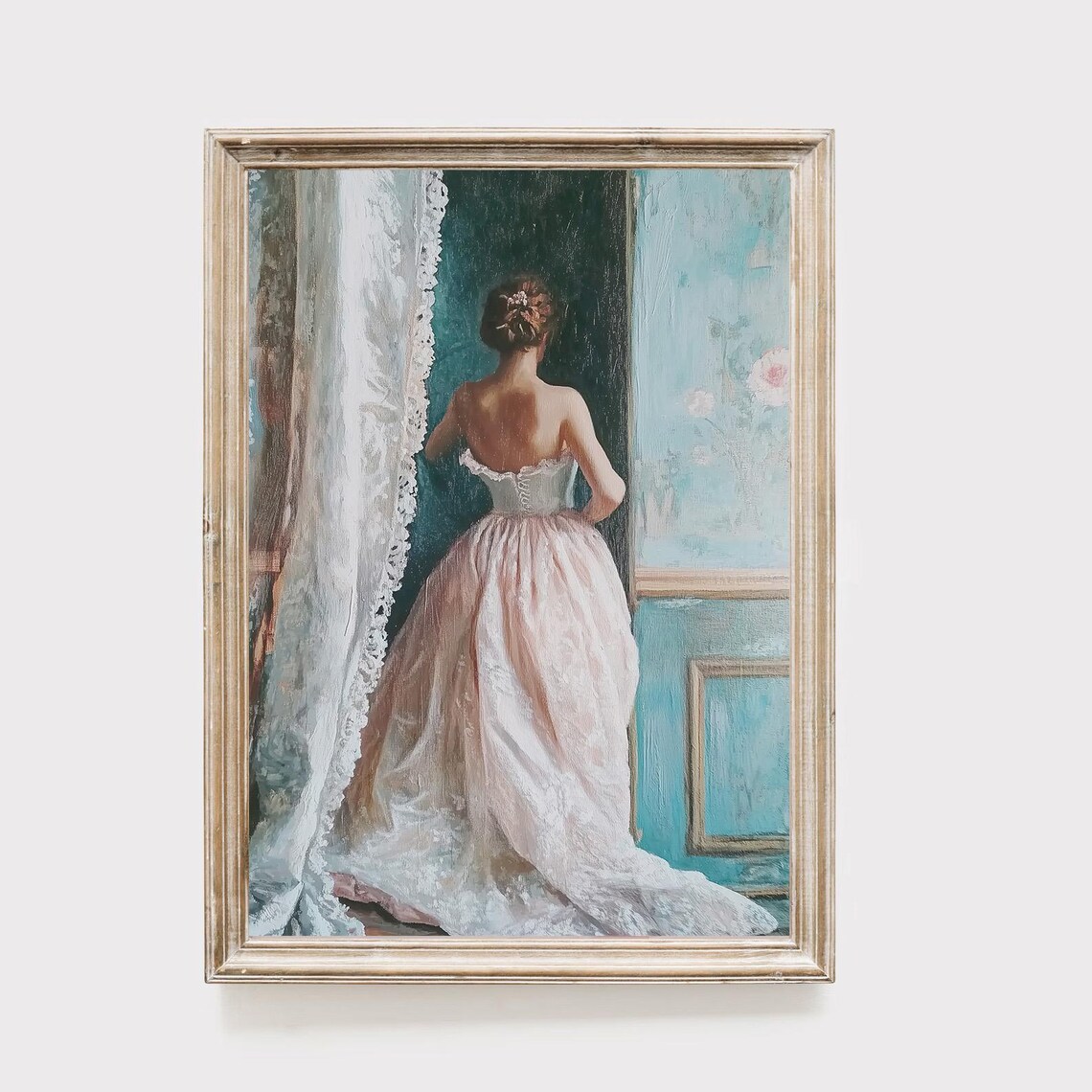 Woman in a Pink Corset Gown by a Lace Window Romantic Painting Poster