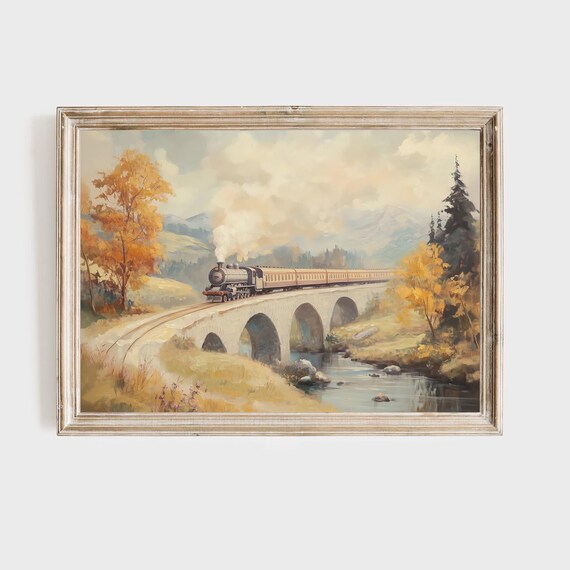 Vintage Steam Train Crossing a Stone Bridge in an Autumn Valley Poster