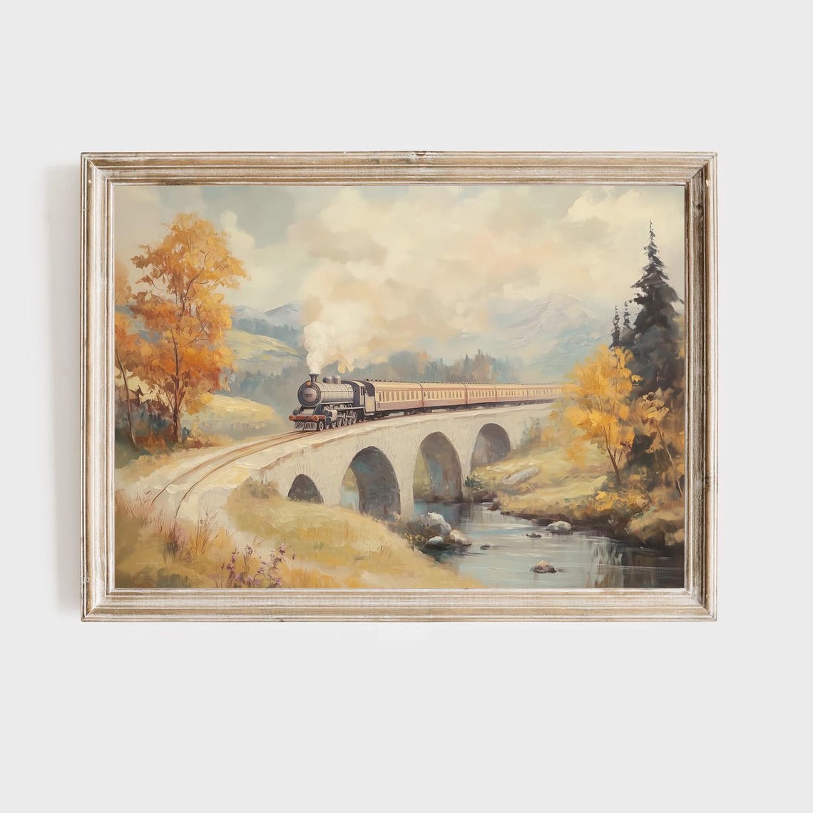 Vintage Steam Train Crossing a Stone Bridge in an Autumn Valley Poster