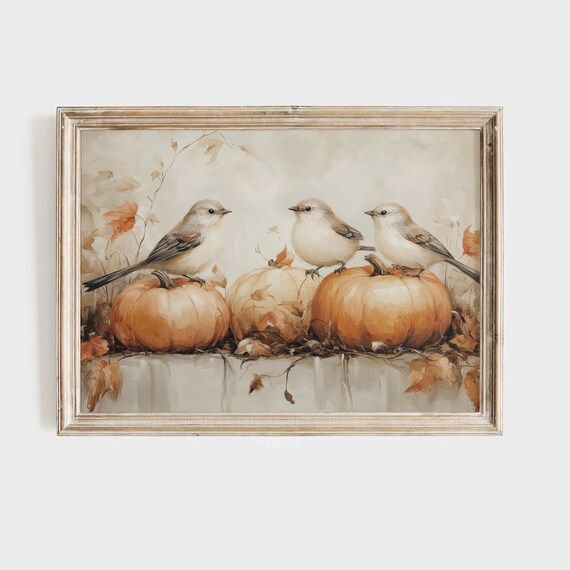 Three Songbirds On Pumpkins Cozy Autumn Fall Harvest Wall Art