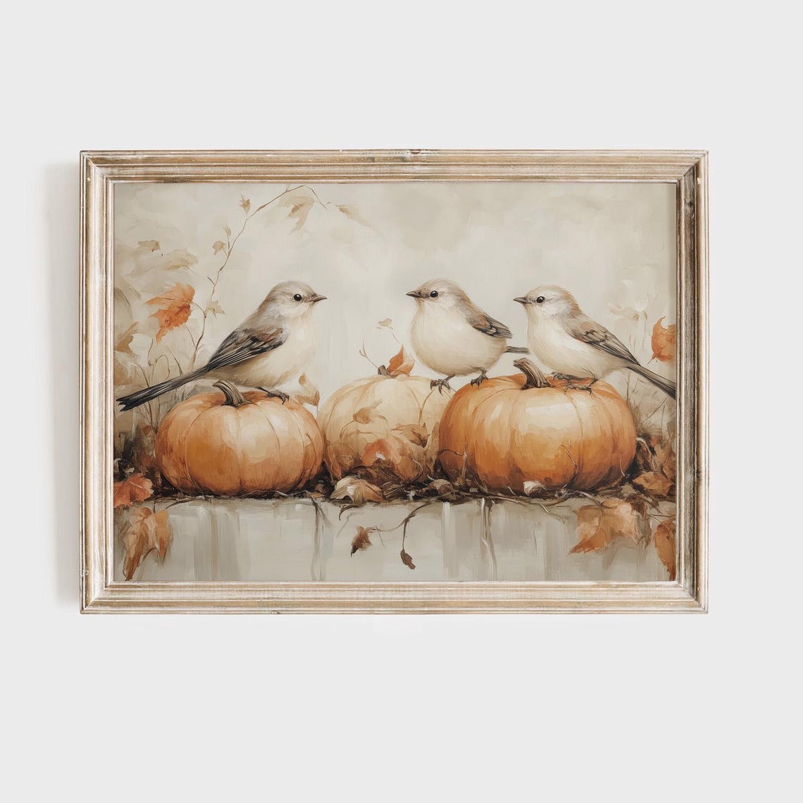 Three Songbirds On Pumpkins Cozy Autumn Fall Harvest Wall Art