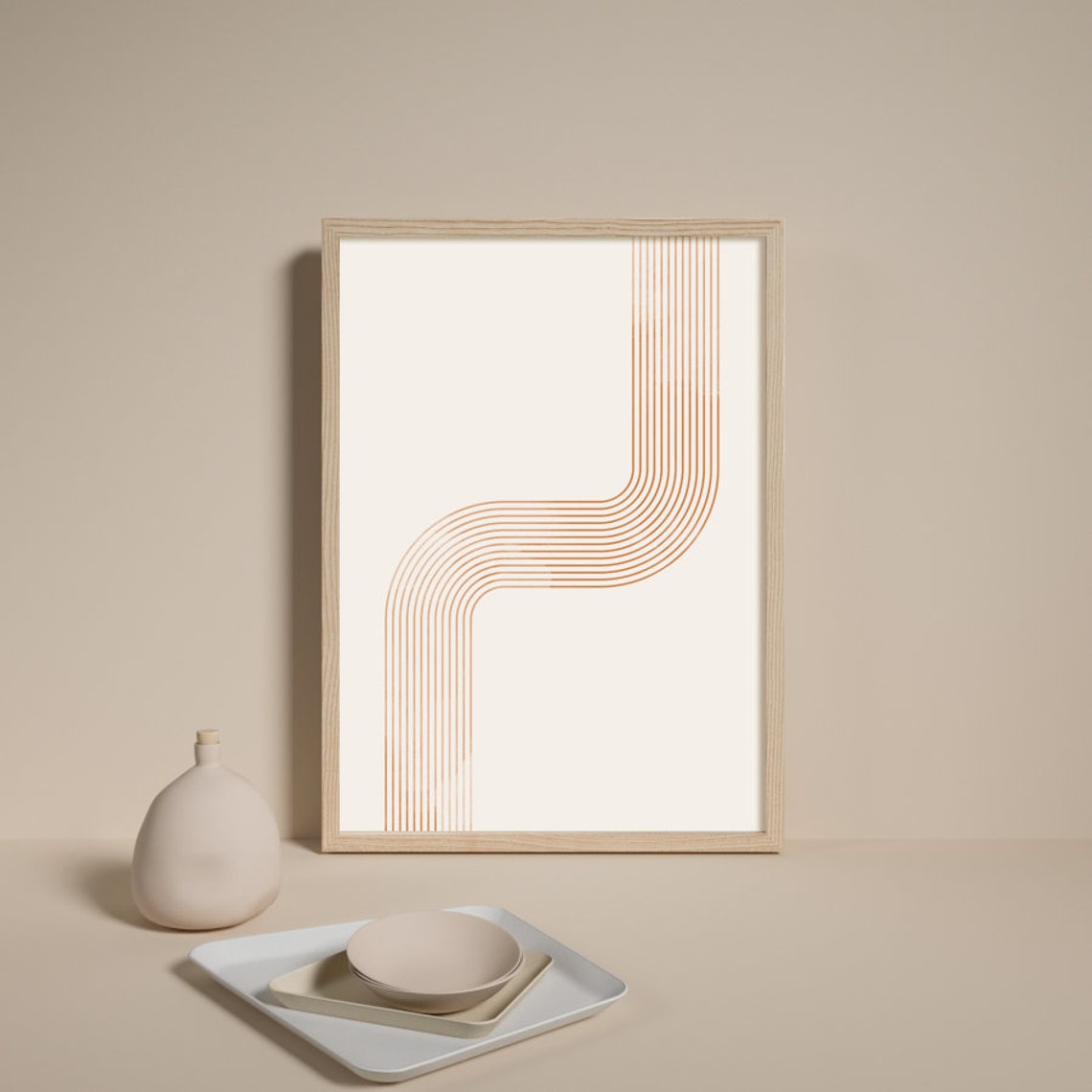 Terracotta Parallel Line Curve Mid Century Geometric Art Poster - Image 3