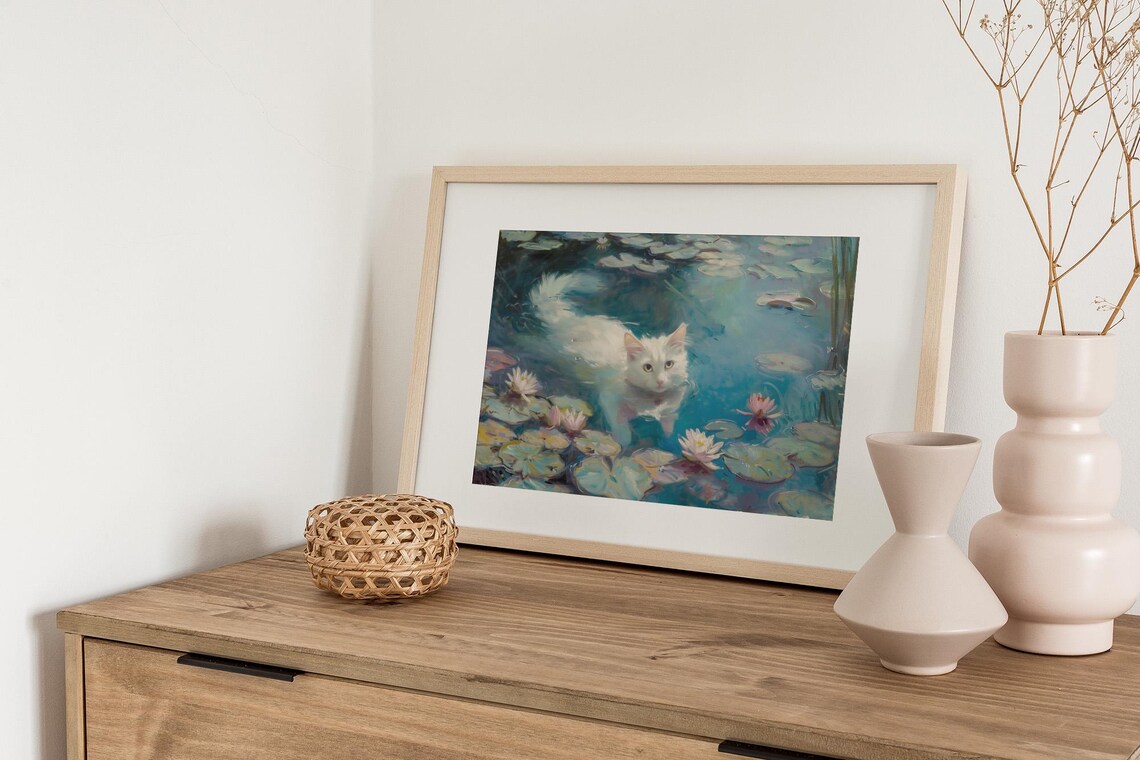 White Cat Swimming Water Lilies Impressionist Oil Painting Poster - Image 3