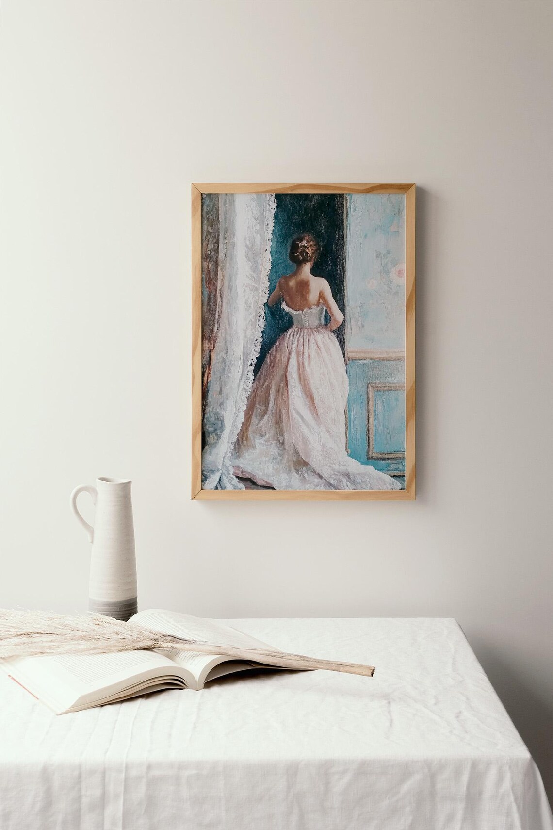 Woman in a Pink Corset Gown by a Lace Window Romantic Painting Poster - Image 2