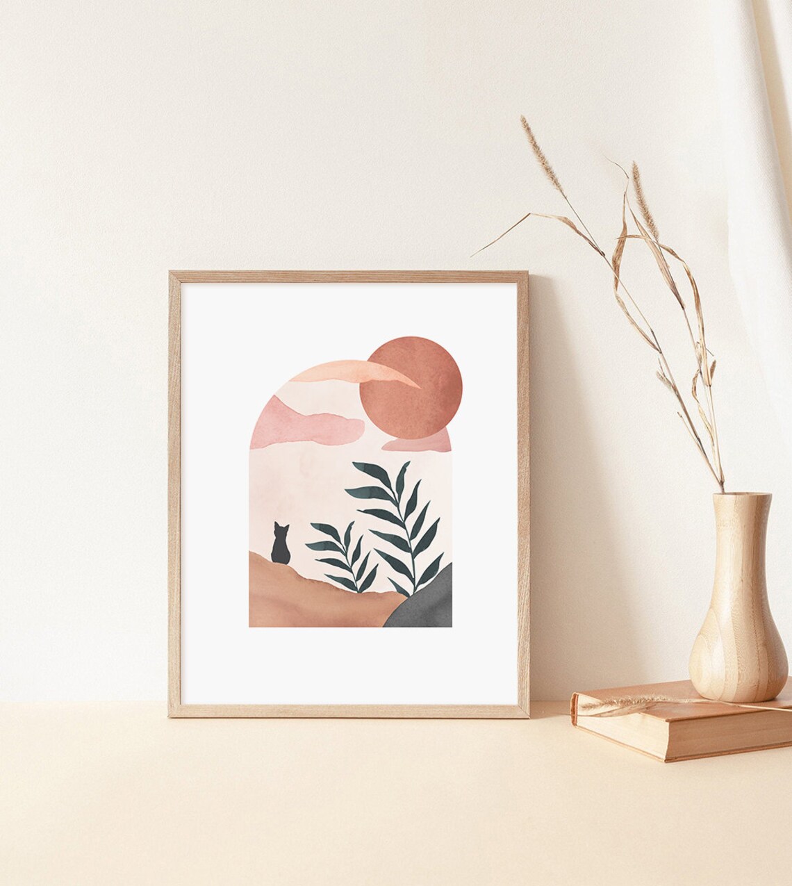 Landscape With Cat Art Print, Mid-Century Boho Decor - Image 3