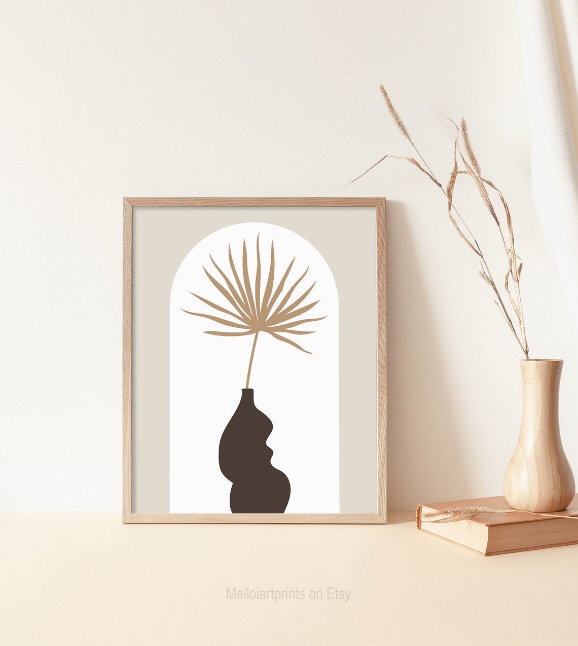 Gold Palm Frond Dark Vase Boho Minimalist Botanical Wall Art - Image 3