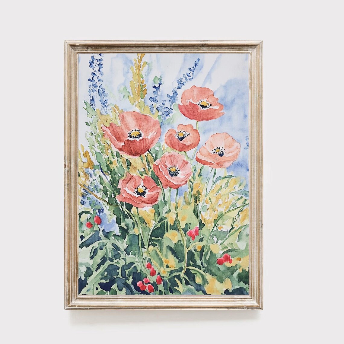Coral Poppy Field Meadow Watercolor Spring Floral Painting Poster