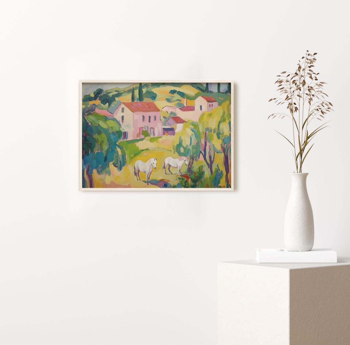 Sunny Fauvist Village Two White Horses Colorful Landscape Poster - Image 2