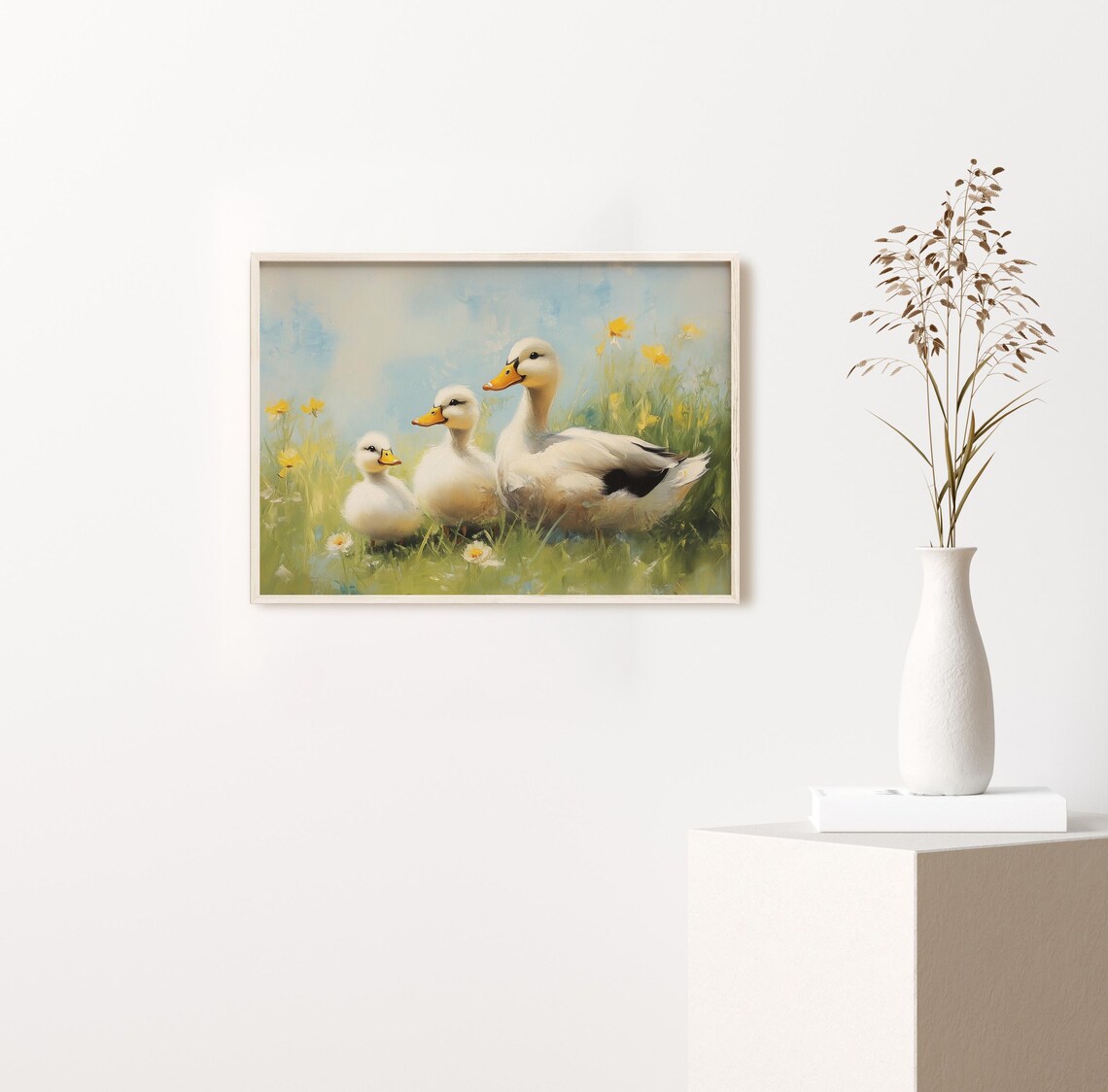 White Duck Family Sunny Spring Meadow Wildflowers Farm Poster - Image 2