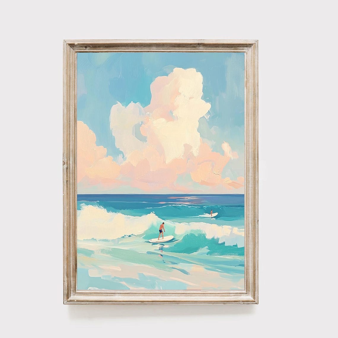 Surf Painting Surfers Turquoise Waves Pastel Clouds Wall Art