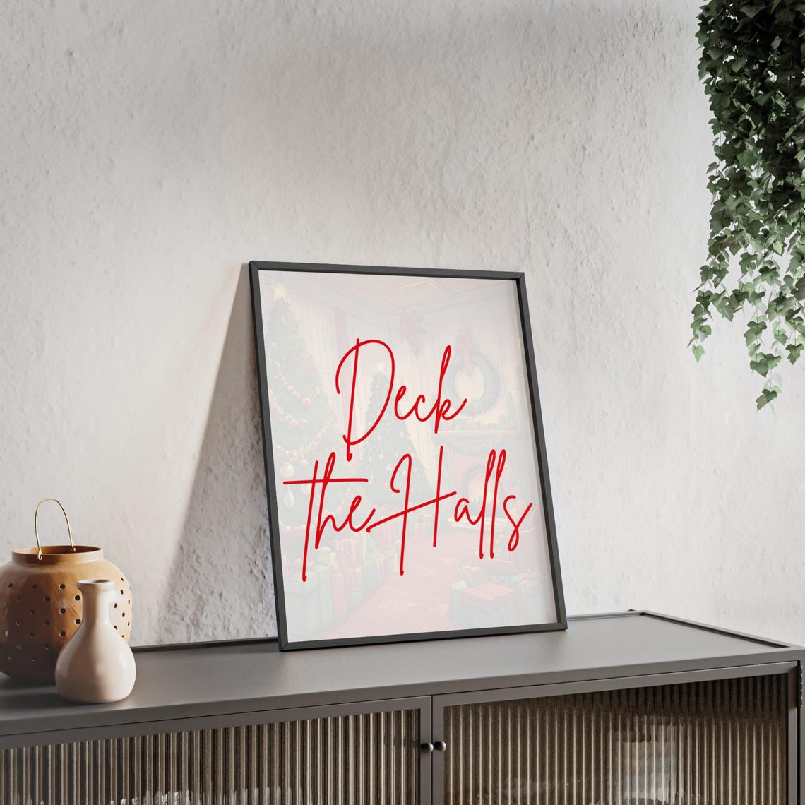 Deck The Halls Red Script Poster Over Pastel Christmas Room Scene Art - Image 2