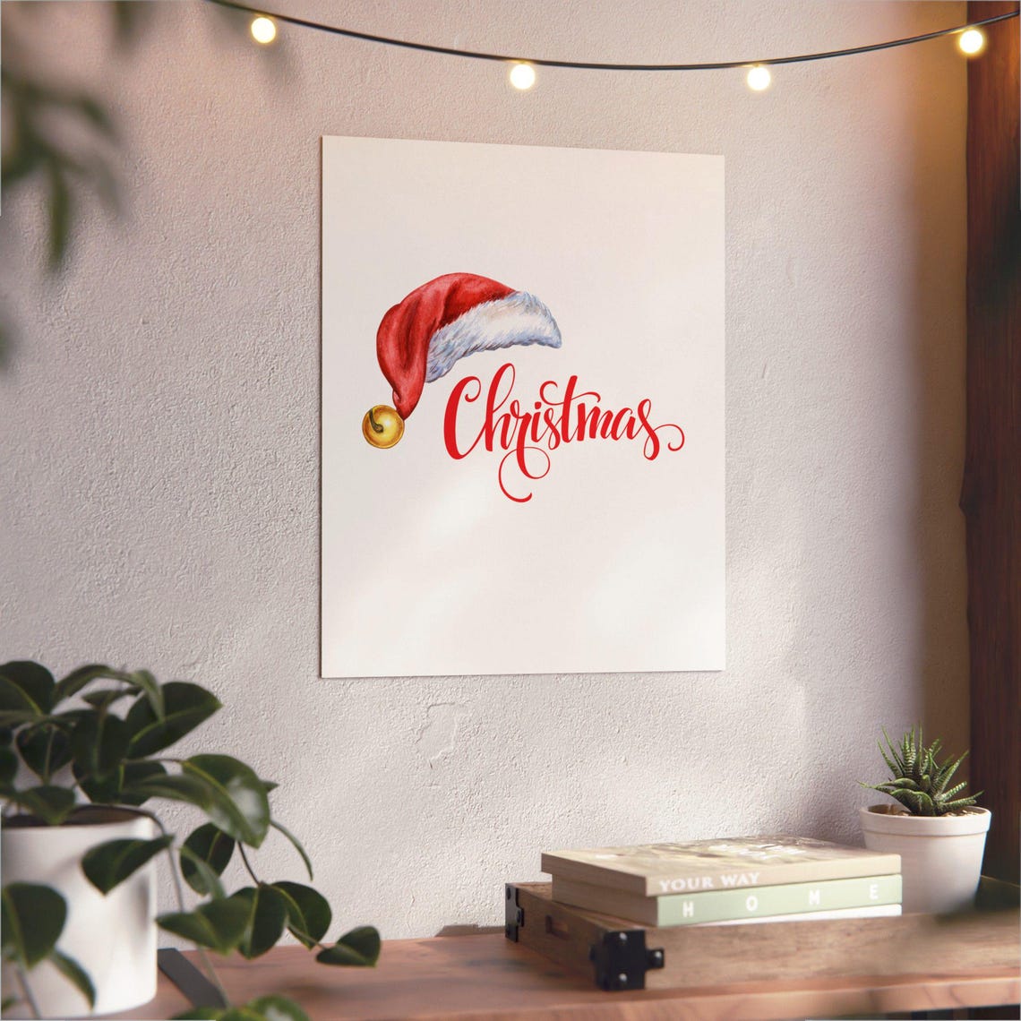 Christmas Santa Hat Watercolor Red Script Gold Bell Holiday Poster - Image 3
