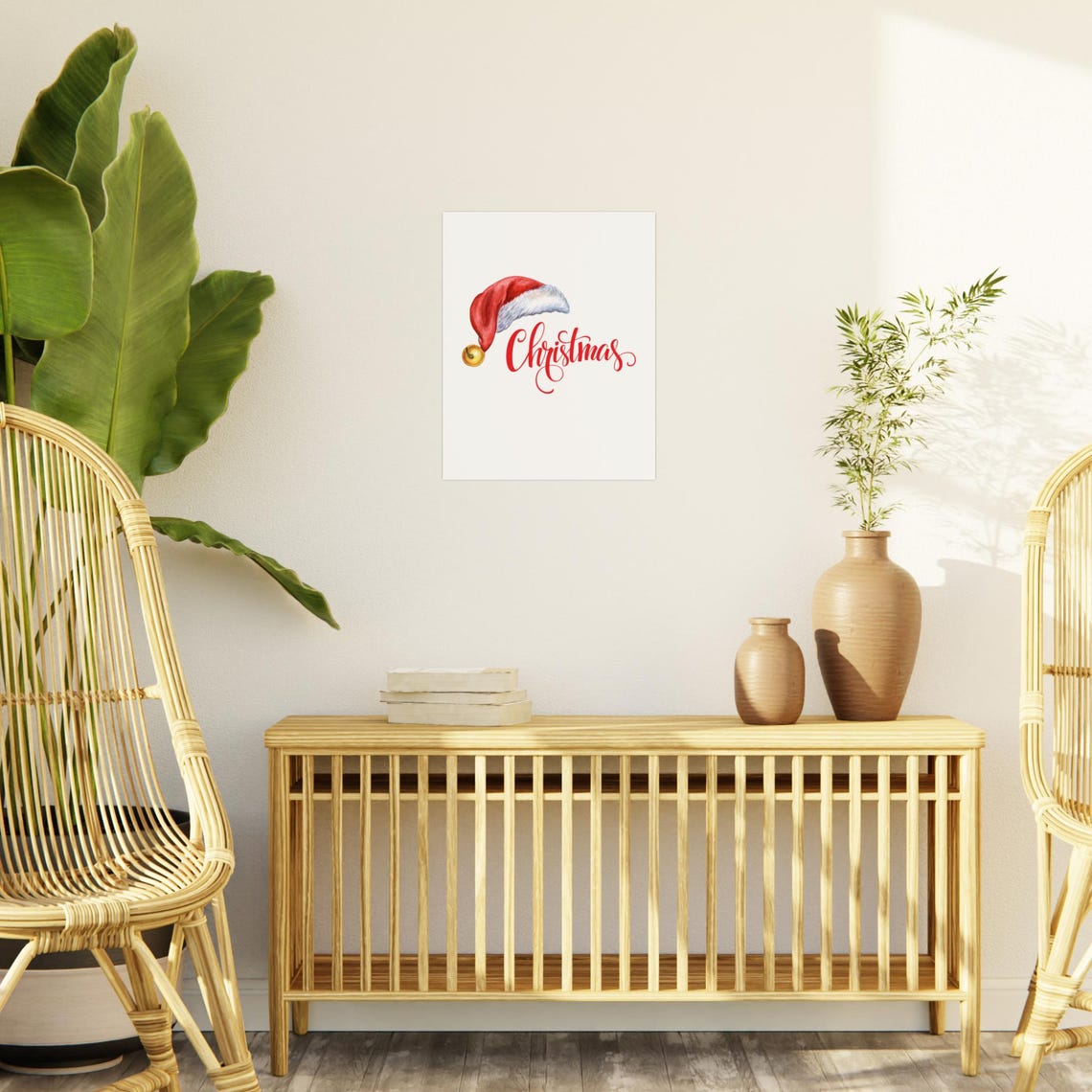Christmas Santa Hat Watercolor Red Script Gold Bell Holiday Poster - Image 2