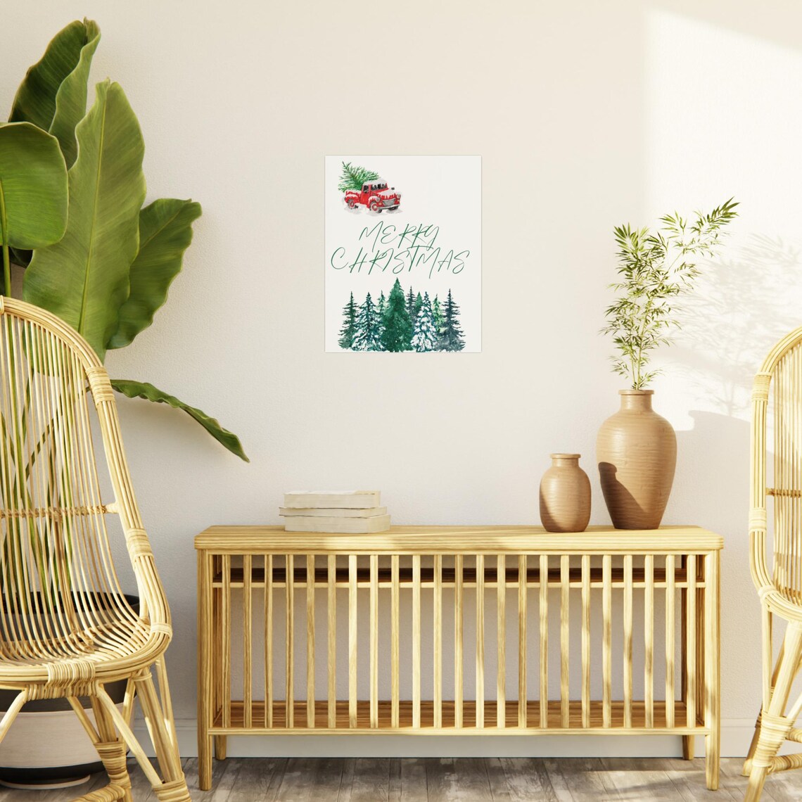 Merry Christmas Red Truck With Tree Watercolor Winter Poster - Image 2