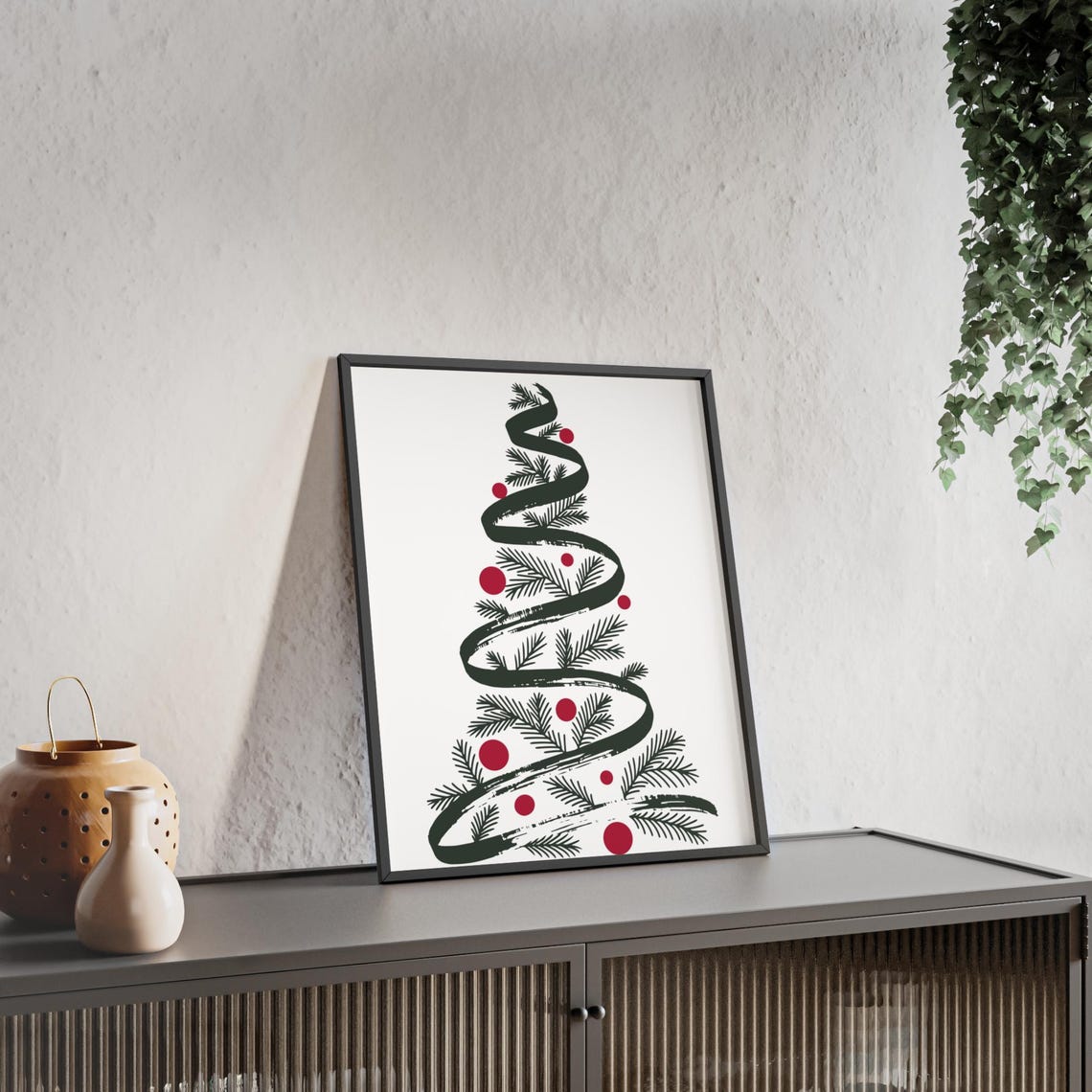 Minimalist Ribbon Spiral Pine Tree Red Ornaments Modern Poster
