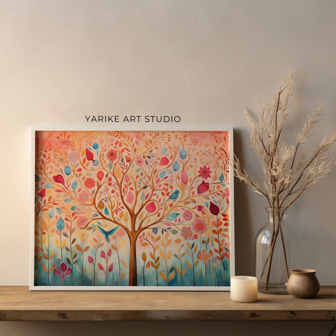 Colorful Folk Art Tree of Life with Birds and Flowers Poster - Image 3
