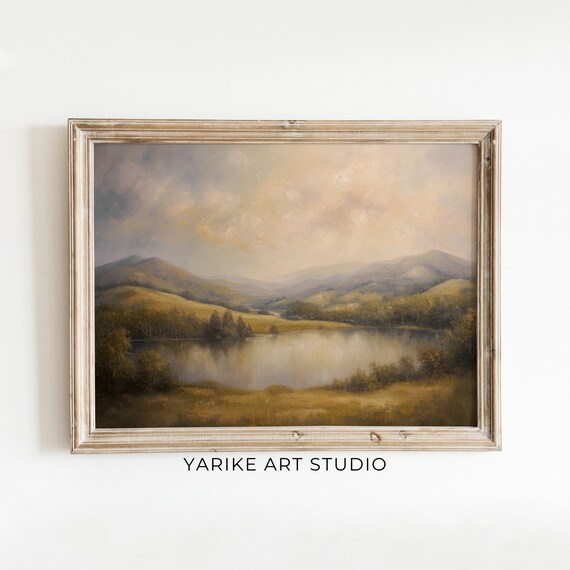 Moody Spring Pond Landscape Painting Vintage Wall Art Mutes Spring Decor Neutral Yarike Art Studio 555