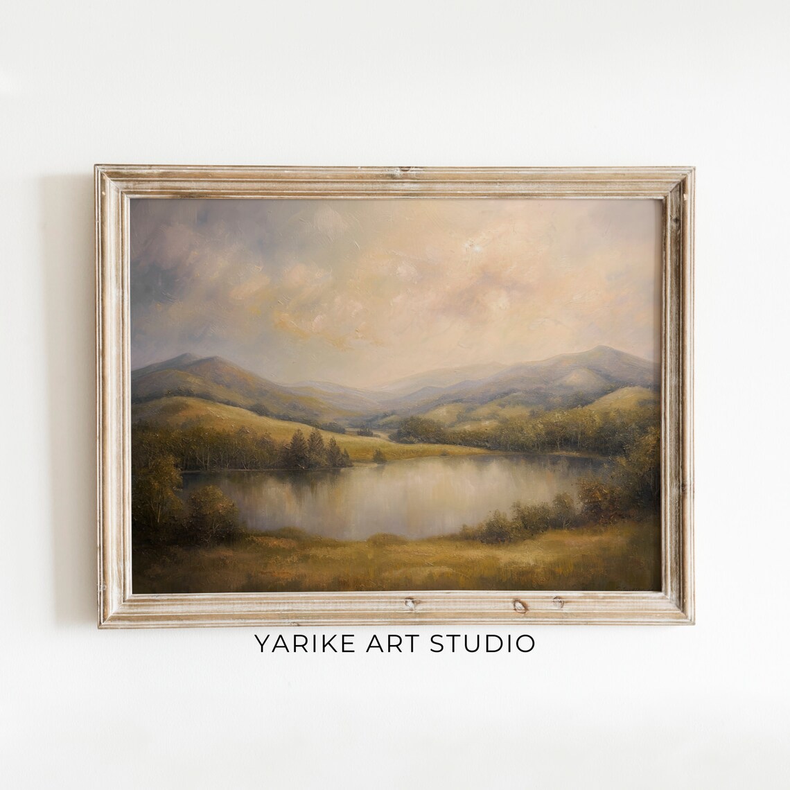 Moody Spring Pond Landscape Painting Vintage Wall Art Mutes Spring Decor Neutral Yarike Art Studio 555