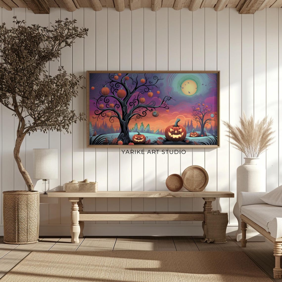 Whimsical Pumpkin Tree Jack O Lanterns Purple Sunset Folk Art Poster - Image 2