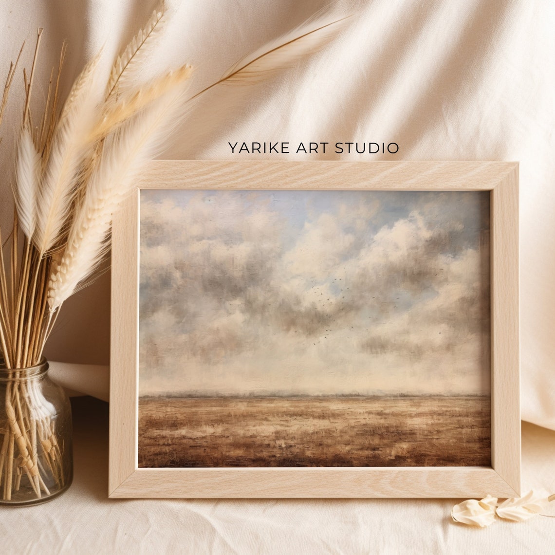 Moody Golden Field Under Dramatic Cloudy Sky with Distant Birds Poster - Image 2