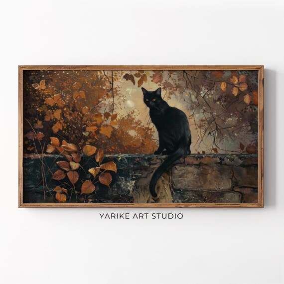 Moody Autumn Painting Frame Tv Art Black Cat Tv Art Frame Thanksgiving Decor Living Room Tv Art 200
