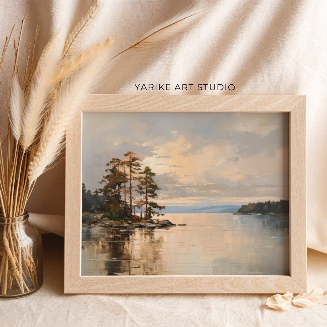 Moody Autumn Lake with Pine Trees Rocky Shore Landscape Painting Poster - Image 2